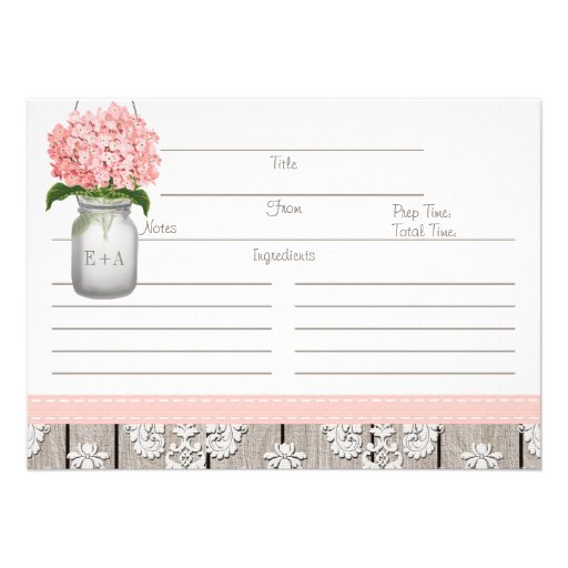 Couples Pink Hydrangea Mason Jar Recipe Card (front side)