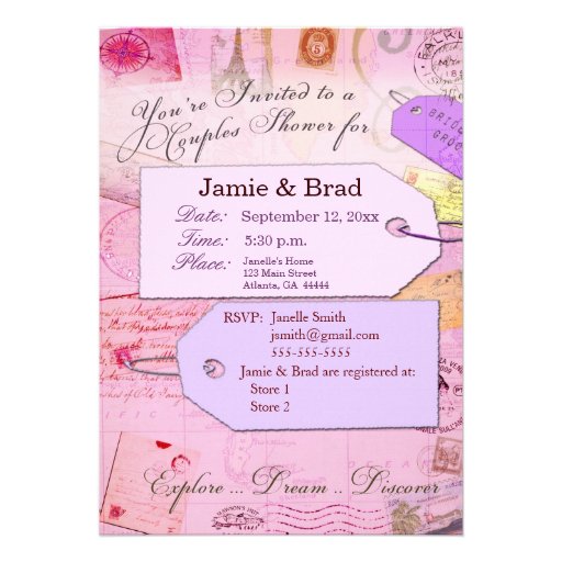 Couples Travel Shower theme in pink and purple Personalized Invitations