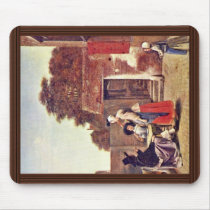 Courtyard With Two Officers And Drinking Woman By Mousepads