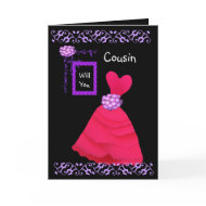 COUSIN Be My Bridesmaid with RED Gown card
