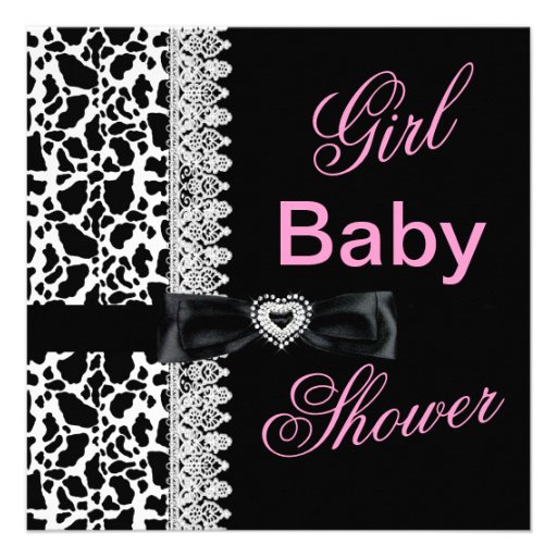 Cow black white Pink Girl Baby Shower Lace Personalized Invitations