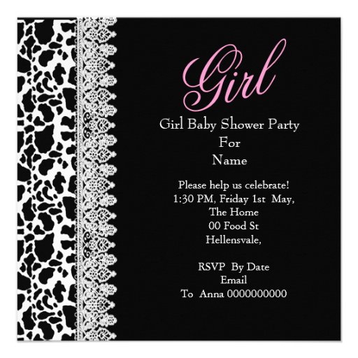 Cow black white Pink Girl Baby Shower Lace Personalized Invitations