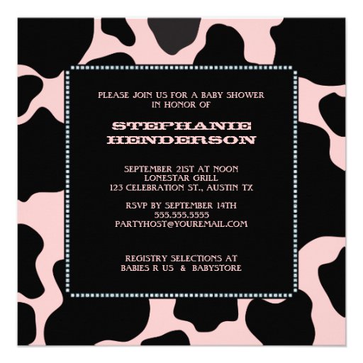 Cow Hide Print Pink Cowgirl Baby Shower Invitation