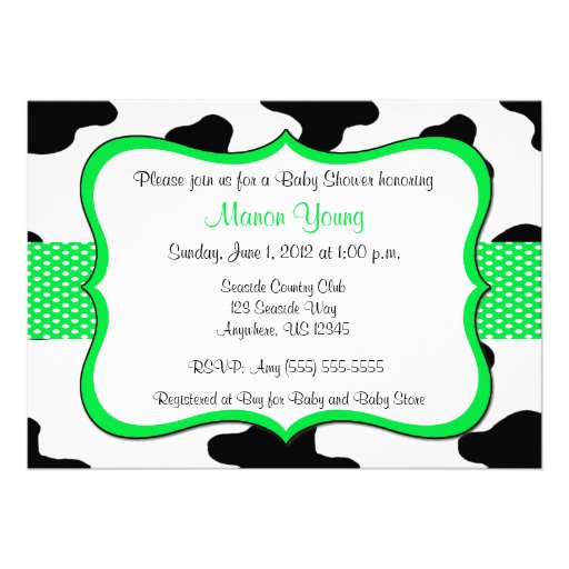 Cow Print Green Baby Shower or Birthday Invitation