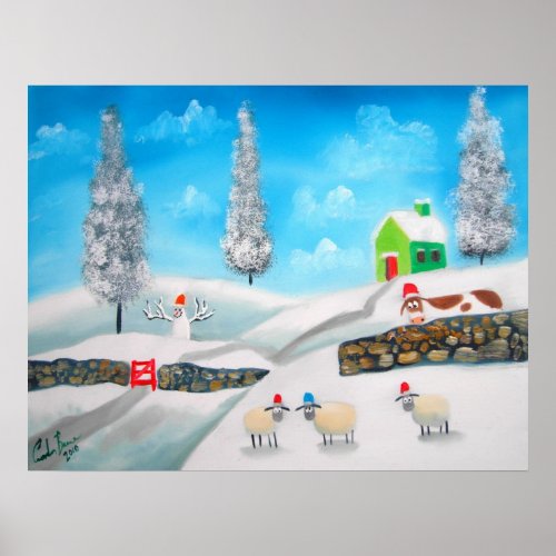 COW SHEEP folk winter SNOW SCENE painting G Bruce print