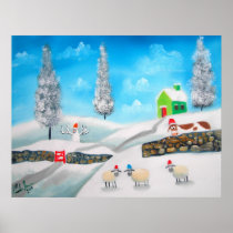 COW SHEEP folk winter SNOW SCENE painting G Bruce posters
