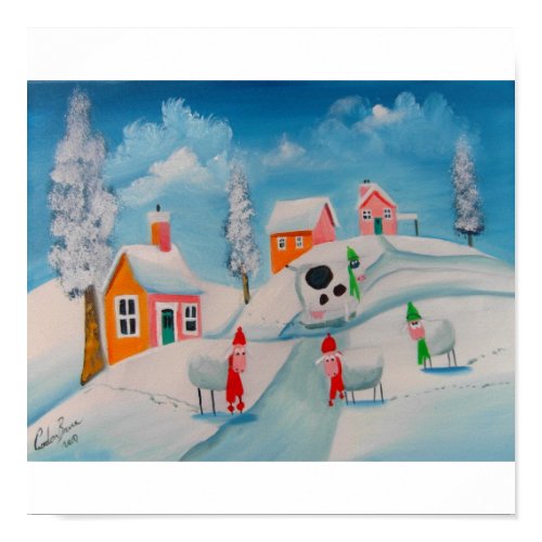 cow sheep winter snow scene folk art $9.95 print