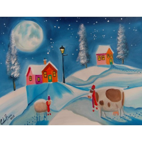 cow sheep winter snow scene moon folk art $9.95 print