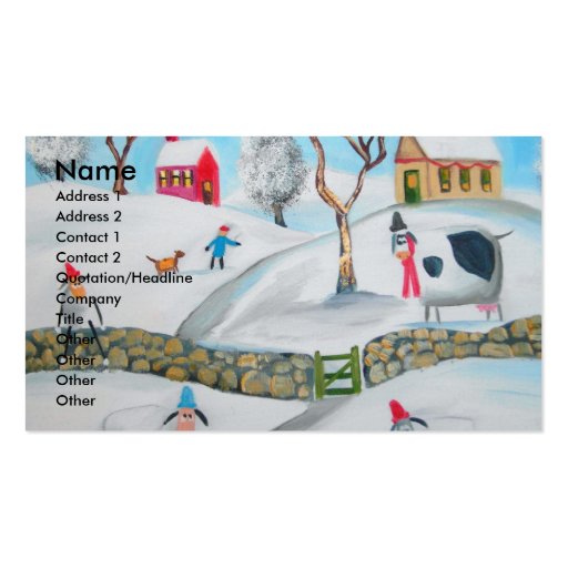 cow sheep winter snow scene naive folk art business card template