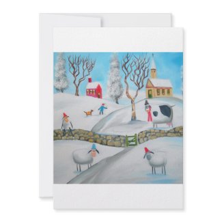 cow sheep winter snow scene naive folk art invitation