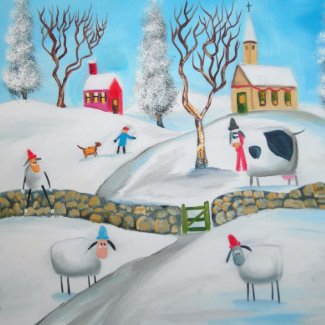 cow sheep winter snow scene naive folk art print