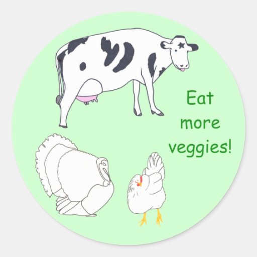 Cow Turkey Chicken Eat more Veggies stickers | Zazzle