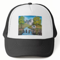 Cow waterfall folk art oil painting by G Bruce Trucker Hat