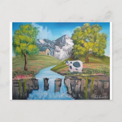 Cow waterfall folk art oil painting by G Bruce Post Cards