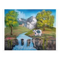 Cow waterfall folk art oil painting by G Bruce postcards