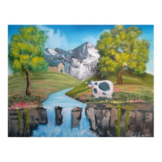 Cow waterfall folk art oil painting by G Bruce print