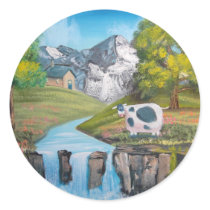 Cow waterfall folk art oil painting by G Bruce Stickers