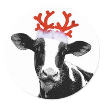 Cow with Reindeer Antlers Round Sticker