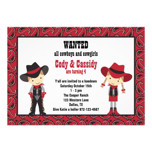 Cowboy and Cowgirl Birthday Invitations (front side)