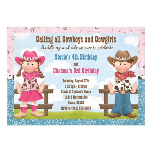 Cowboy and Cowgirl Joint Sibling Birthday Party Personalized Invitations