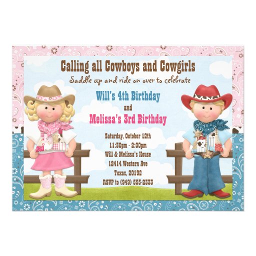 Cowboy and Cowgirl Joint Sibling Birthday Party Cards