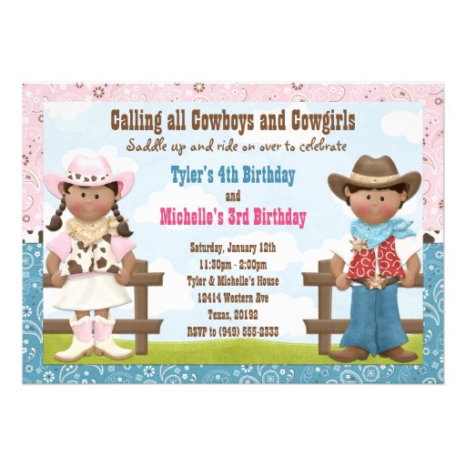 Cowboy and Cowgirl Joint Sibling Birthday Party Custom Invitation