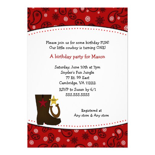 Cowboy Birthday Party Red Paisley boot horseshoe Personalized Announcements