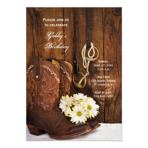 Cowboy Boots and Daisies Country Birthday Party Custom Invitations
