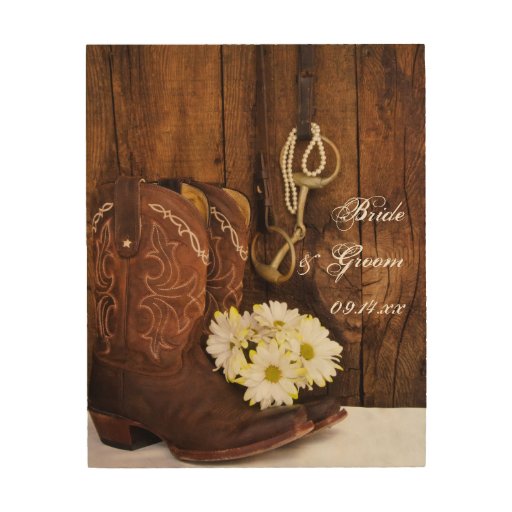 Country Wood Wall Decor : Cowboy boots daisies horse bit country wedding wood wall