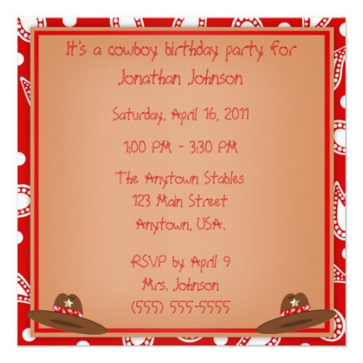 Cowboy Hat Red Paisley Bandanna Birthday Party Personalized Announcement
