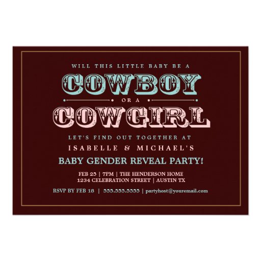 Cowboy or Cowgirl Country Baby Gender Reveal Party Personalized Invites (front side)