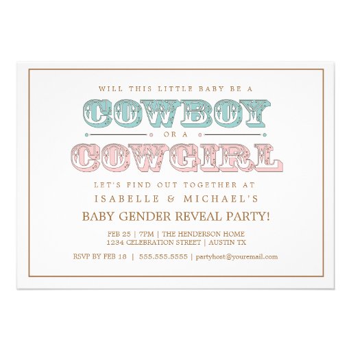 Cowboy or Cowgirl Country Baby Gender Reveal Party Personalized Invitations (front side)