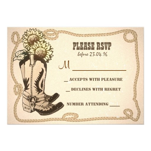 cowboy shoes rustic wedding RSVP cards