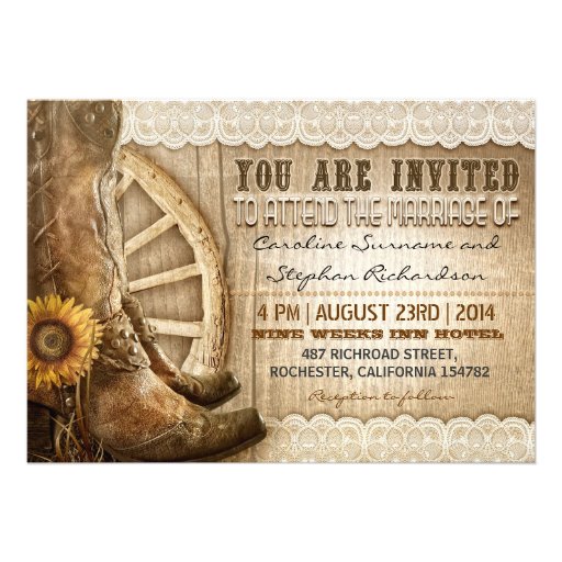 cowboy shoes sunflowers brown wood wedding invites