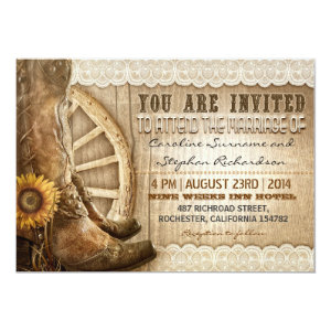 cowboy shoes sunflowers brown wood wedding invites 5