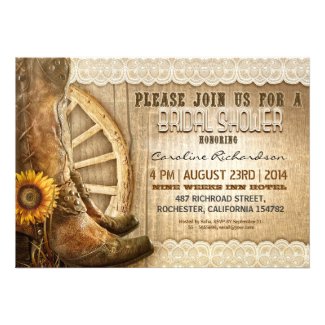 cowboy shoes sunflowers wood bridal shower invites