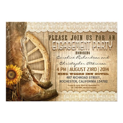 cowboy shoes sunflowers wood engagement invites