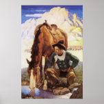 Cowboy Watering His Horse by NC Wyeth Poster