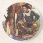 Cowboy Watering His Horse by NC Wyeth, Vintage Art Beverage Coaster