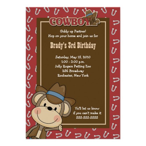 Cowboy Western Monkey 5x7 Birthday Invitation