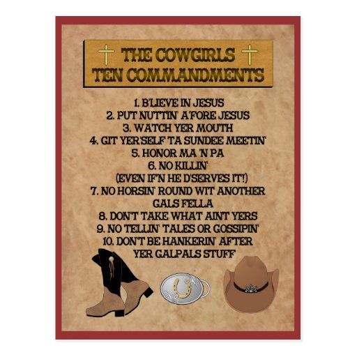 Cowgirl 10 Commandments POSTCARD