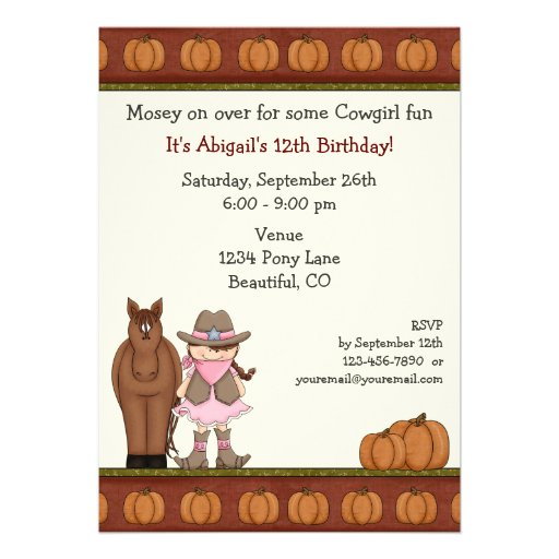 Cowgirl and Horse Autumn Birthday Invitation