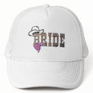 zaz_trucker_hat - Cowgirl bride has a white hat, pink bandanna and rustic wood grain, for when a cowboy and cowgirl get hitched. See more wedding and anniversary gifts at Stargazer Designs.