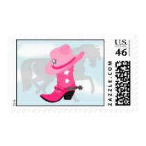 Cowgirl Pink Boot, Hat and Horse Western Design Postage Stamps