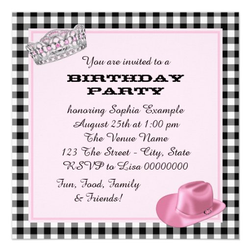 Cowgirl Princess Birthday Party Personalized Invite