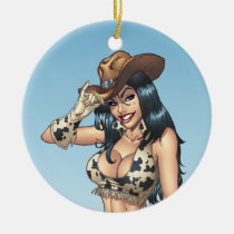 cowgirl, cowboy, tipping, illustration, pinup, al rio, art, cute, cowprint, cowboy hat, Ornament with custom graphic design