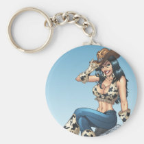 cowgirl, cowboy, hat, tipping hat, illustration, pinup, art, al rio, Keychain with custom graphic design
