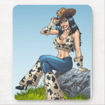 cowgirl, cowboy, tipping, illustration, pinup, al rio, art, cute, cowprint, cowboy hat, Mouse pad with custom graphic design