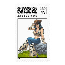 cowgirl, cowboy, hat, tipping hat, illustration, pinup, art, al rio, Stamp with custom graphic design