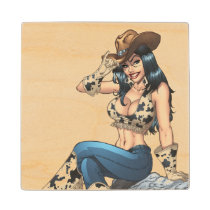 cowgirl, cowboy, tipping, illustration, pinup, cute, cowprint, art, smiling, al rio, [[missing key: type_mitercraft_woodencoaste]] with custom graphic design